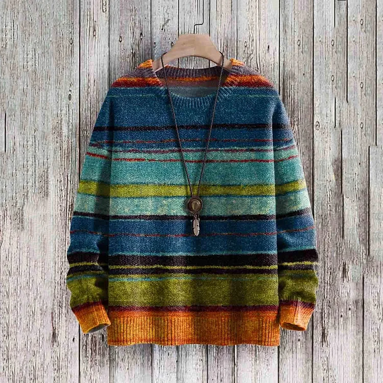 Vintage Striped Print Crew Neck Long Sleeve Sweater