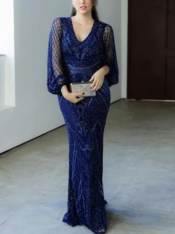 V-Neck Sequined Long Sleeves Maxi Dress