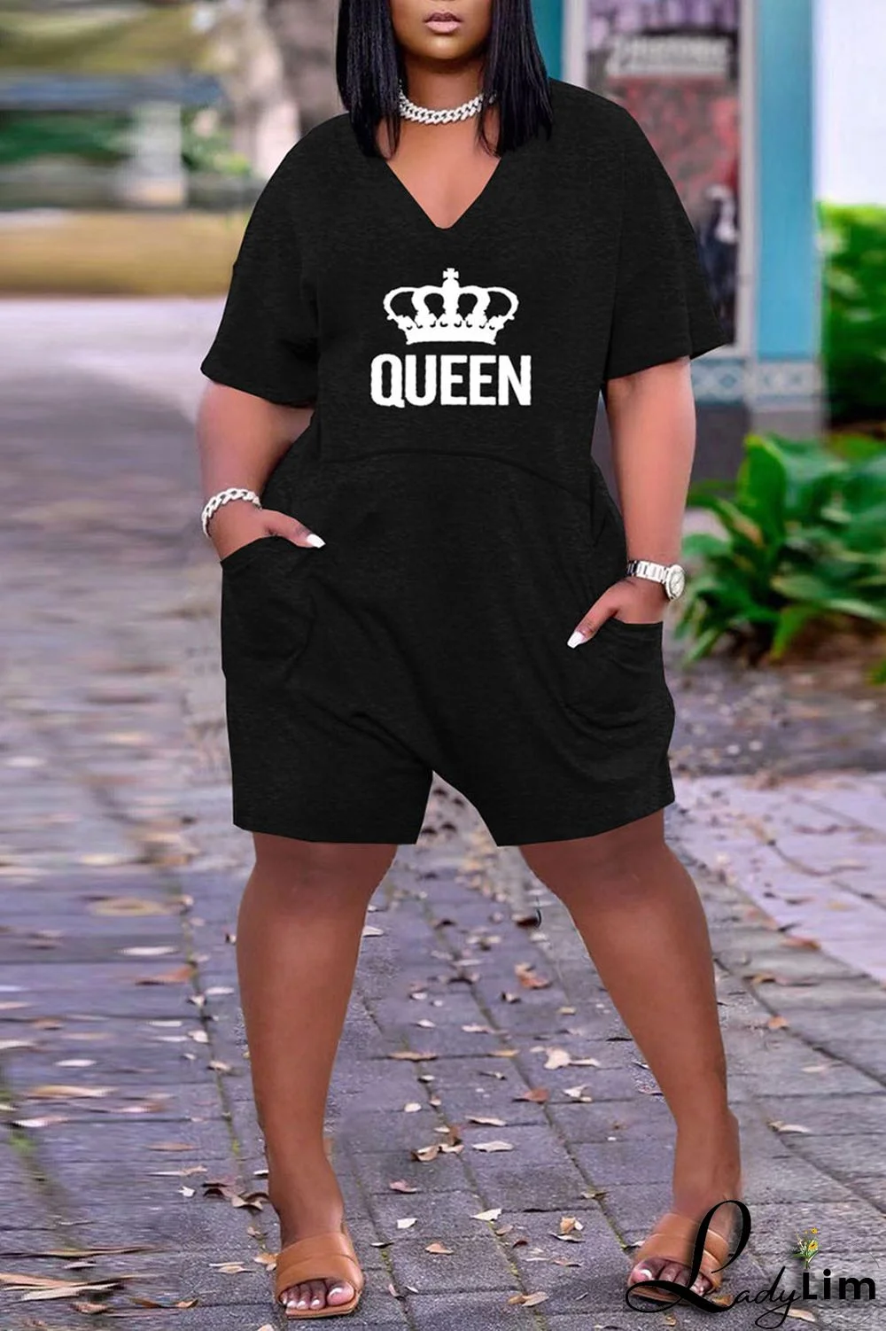 Light Gray Casual Print Split Joint Pocket V Neck Loose Jumpsuits