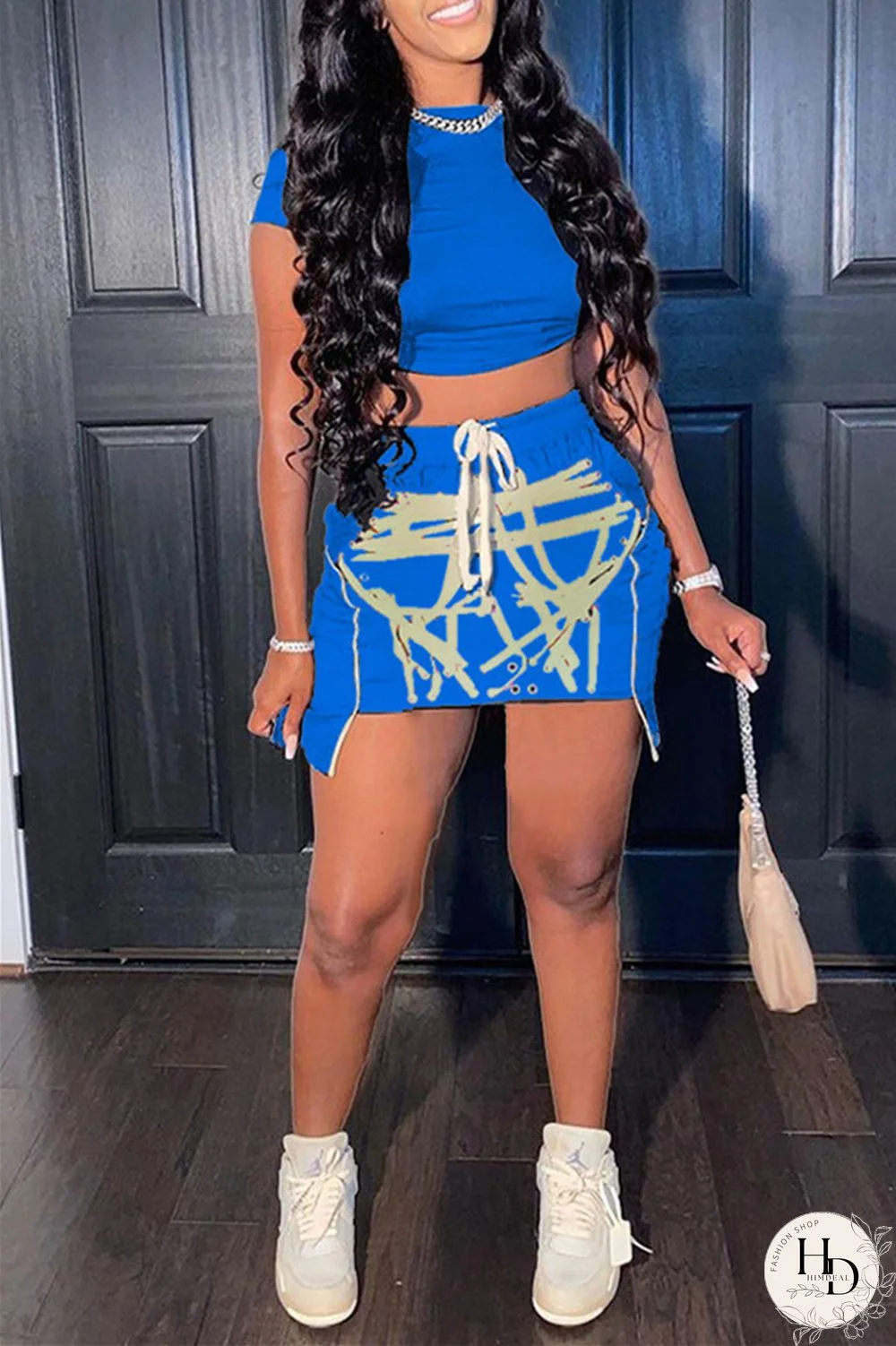 Red Fashion Sexy Print Asymmetrical O Neck Short Sleeve Two Pieces