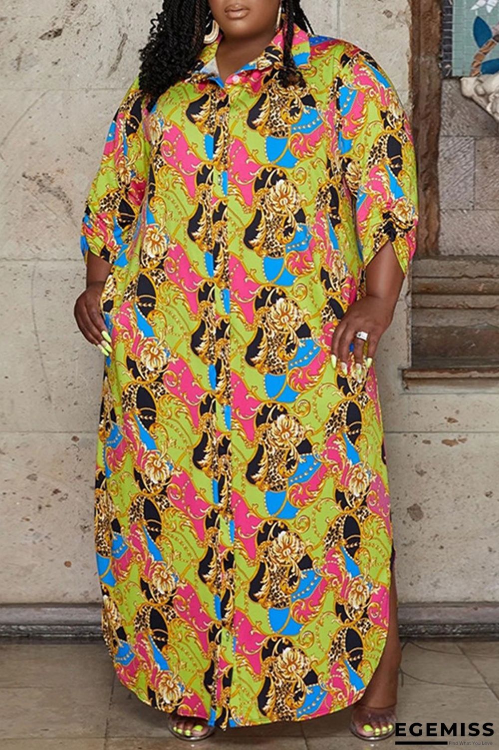 Yellow Fashion Casual Plus Size Print Patchwork Turndown Collar Shirt Dress | EGEMISS