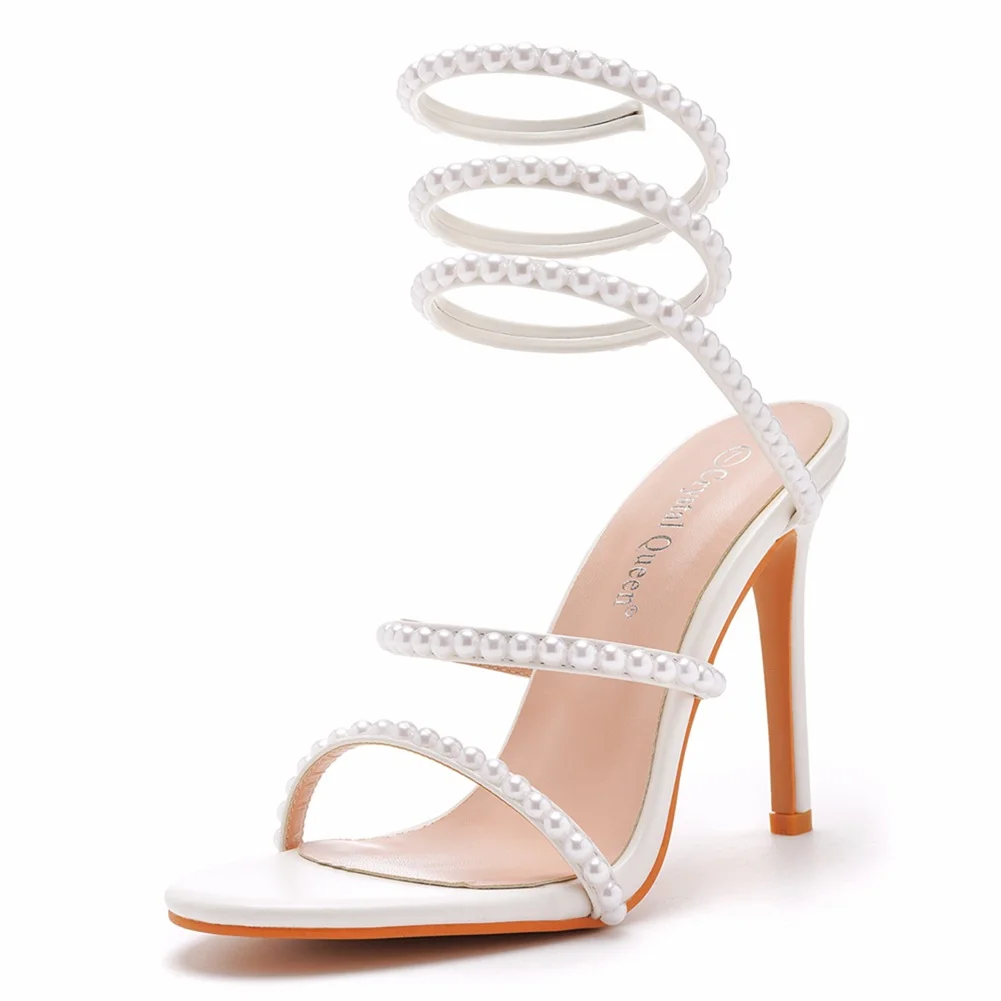 Breakj Breakj Mouth Strap High Heel Sandals White Pearl Sandals Women's Wedding Dress Wedding Dress Bridal Shoes Princess Sandals