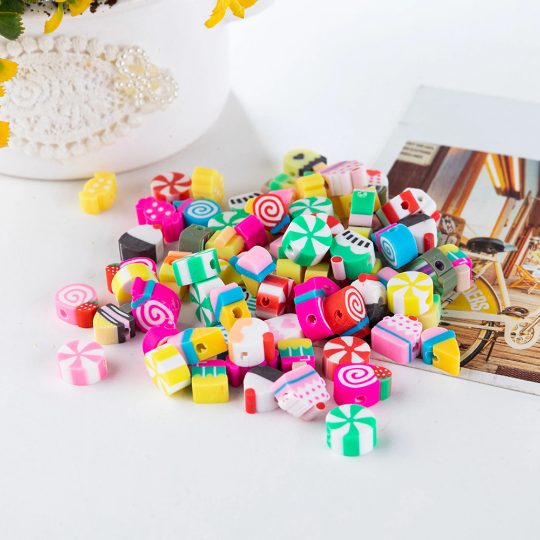 Mix 50 100 pcs Polymer Clay Lollipop Beads,Candy Ice Creaem Beads, Vinly Heishi Clay Spacer Beads,Multicolor Bead Bracelet Accessory