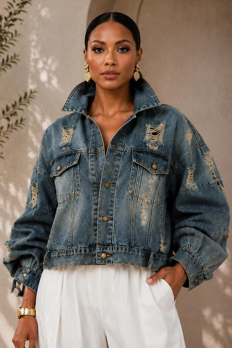Xpluswear Design Plus Size Daily Blue Turndown Collar Long Sleeve Distressed Denim Jacket [Pre-Order] 2024 - Xpluswear