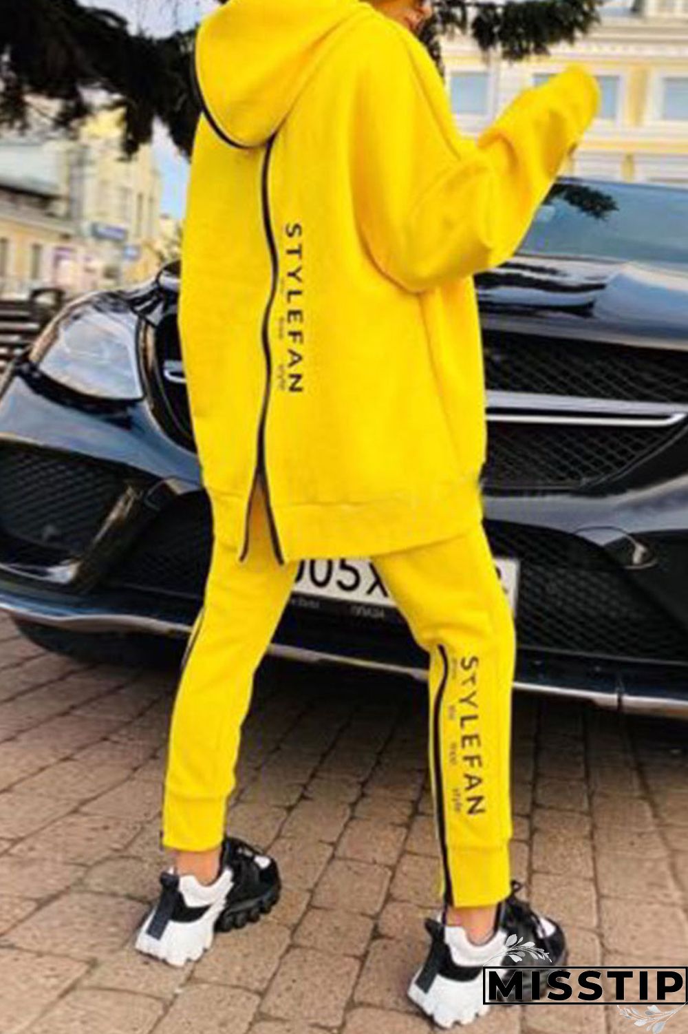 Black Casual Street Print Patchwork Zipper Hooded Collar Long Sleeve Two Pieces