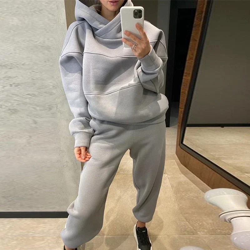 Casual Women Solid Fleece Two Piece Set Oversized Hoodie And High Waist Trouser Tracksuits 2021 Autumn Winter Female Sports Suit