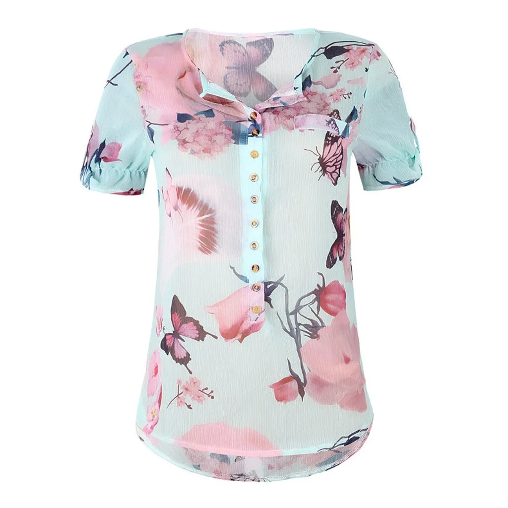 Summer 2019 Fashion Casual Button Chiffon Tops Blouse Printed Tee Top Female Womens Short Sleeve Shirt Blusas Femininas Clothing