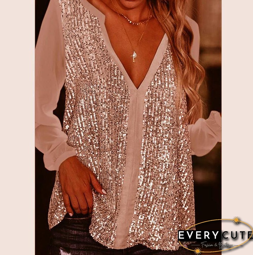 Sexy Deep V Neck Sequins Shirt
