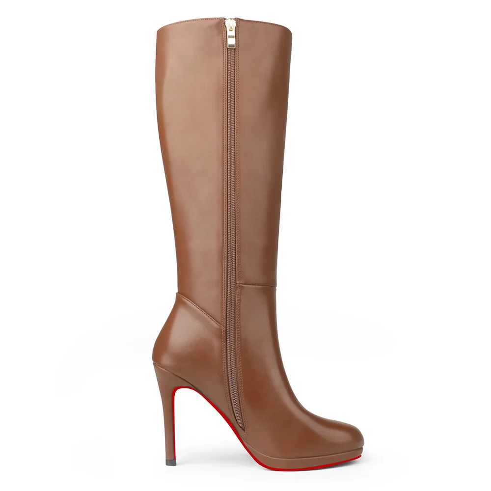105mm/4.1 Inch Women's Knee High Red Bottom Boots Platform Heel Boots Side Zipper Long Boots-MERUMOTE