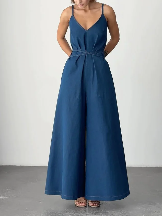 Stylish Dark Blue Denim Spaghetti Strap Jumpsuit