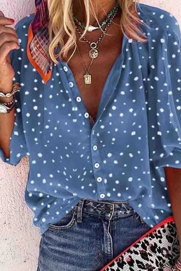 (Clearance)Puff Sleeve Polka Dot Turtle Neck Casual Wear Blouse
