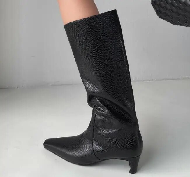 VCSHOES Woman Dark Green Black Leather Square/Pointed Toe 45 MM Thin Heels Knee High Boots Loose Tube Long Knight Boots