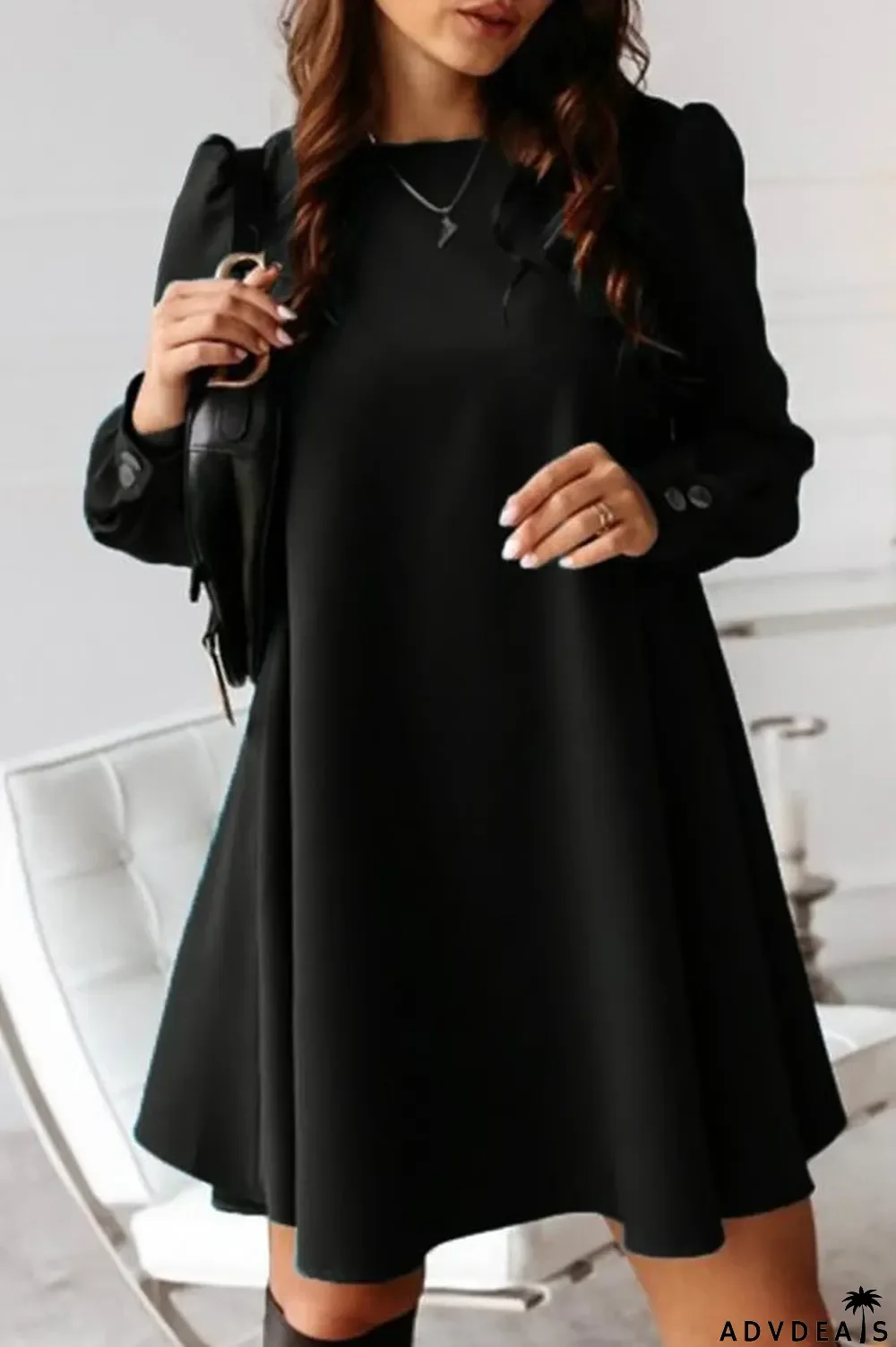 Back Button Solid Color Midi Dress