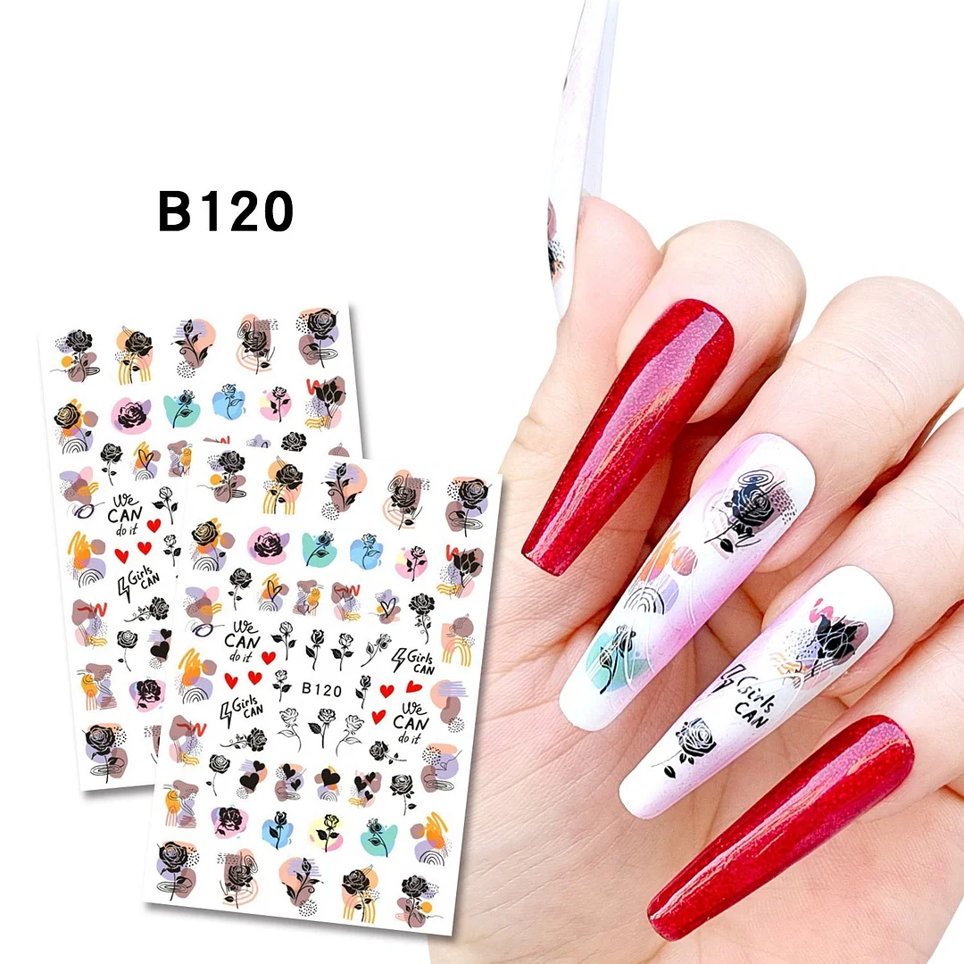 Purple Red Pink Rose Flower 3D Nail Sticker Leaves Love Heart Self-Adhesive Slider Art Decorations Decals Manicure Accessories-Nail Inspo