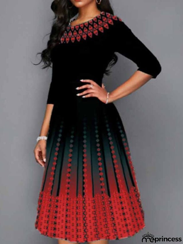 Work Dress Swing Dress Church Dress Midi Dress Red Royal Blue Blue 3/4 Length Sleeve Print Print Summer Spring Crew Neck Elegant S M L XL XXL 3XL 4XL 5XL for Women
