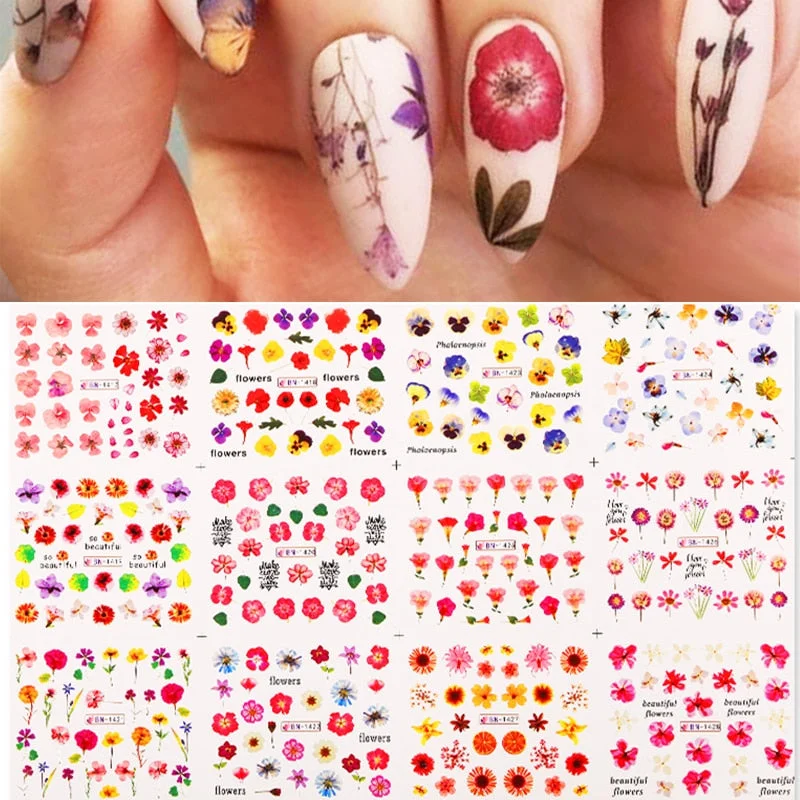 12pcs Valentines Love Letter Water Decals Flower Sliders Nail Stickers for Manicure Nail Art Decoration Transfer Water Sticker-Nail Inspo