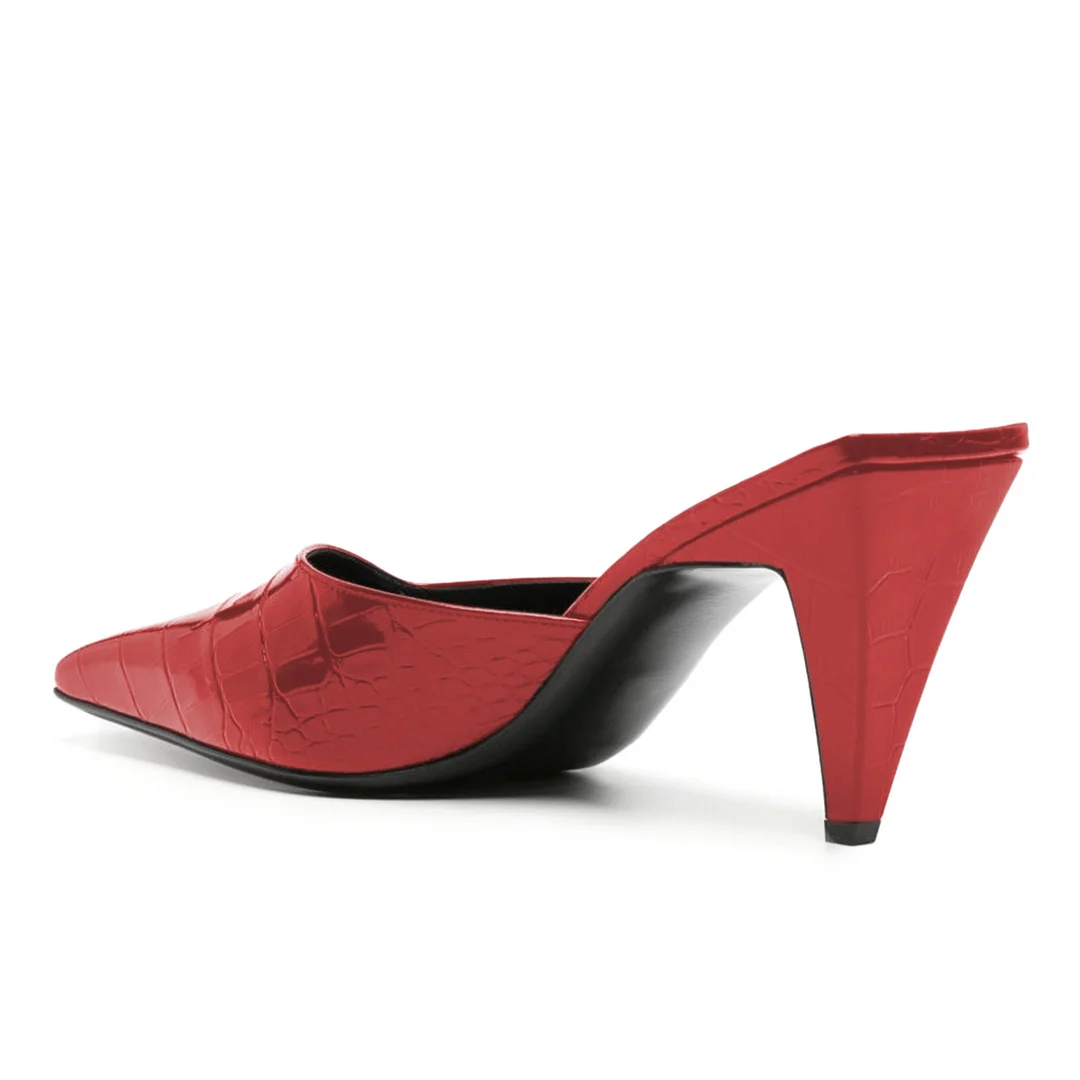 Red Crocodile Embossed Cone Heel Mules Shoes with Square Toe