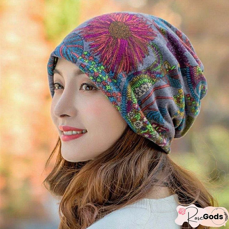 Vintage Multicolor Geometric Floral Printed Casual Knitted Hat