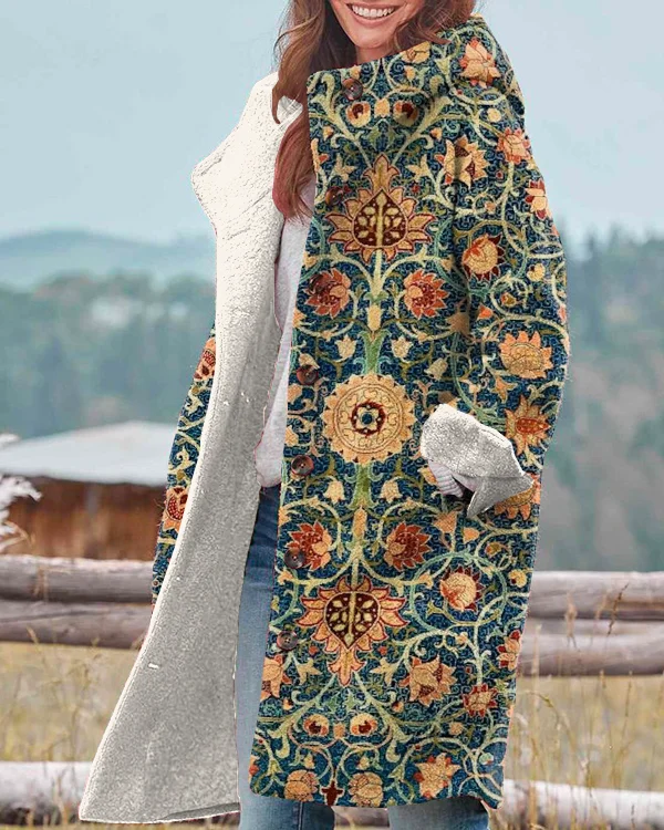 Vintage Floral Art Print Hooded Long Sleeve Jacket