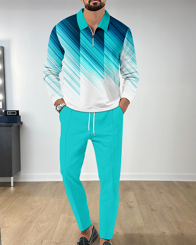 Men's Casual Colorblock Personalized Long Sleeve Polo Shirt Set 137