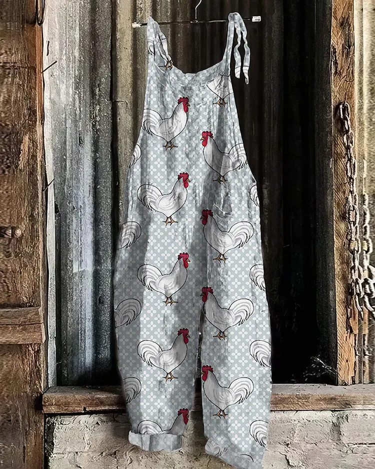 Farm Chicken Print Loose Casual Jumpsuit