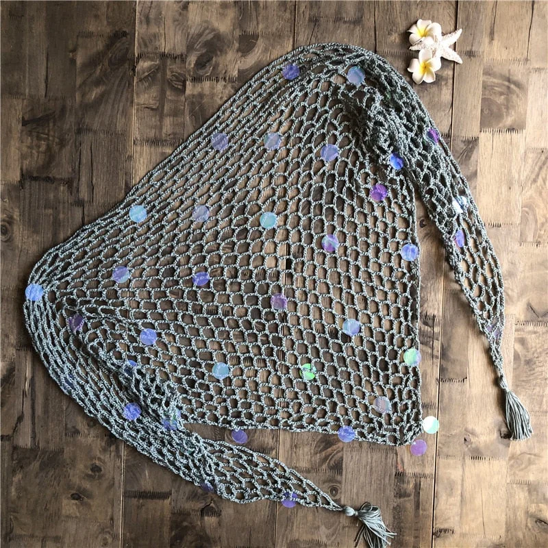 Fitshinling Sequined handmade crochet mesh beach cover up cape swimwear lace sexy hot fringe outerwear bohemian strappy cover-up