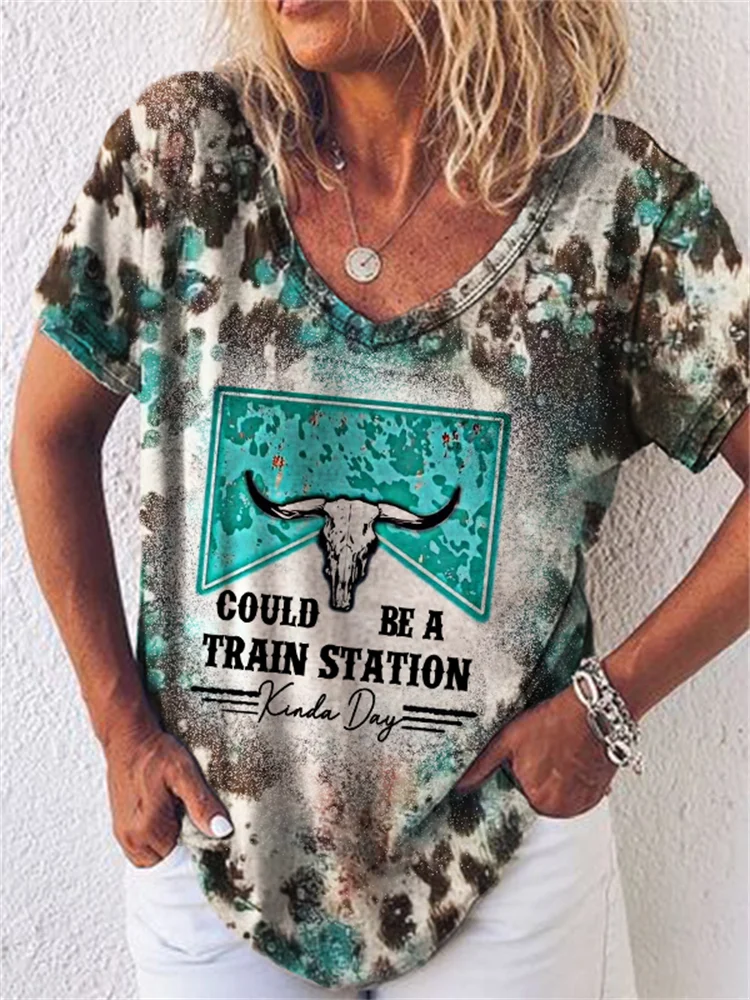 Train Station Kinda Day Bull Skull Cowhide Bleached T Shirt