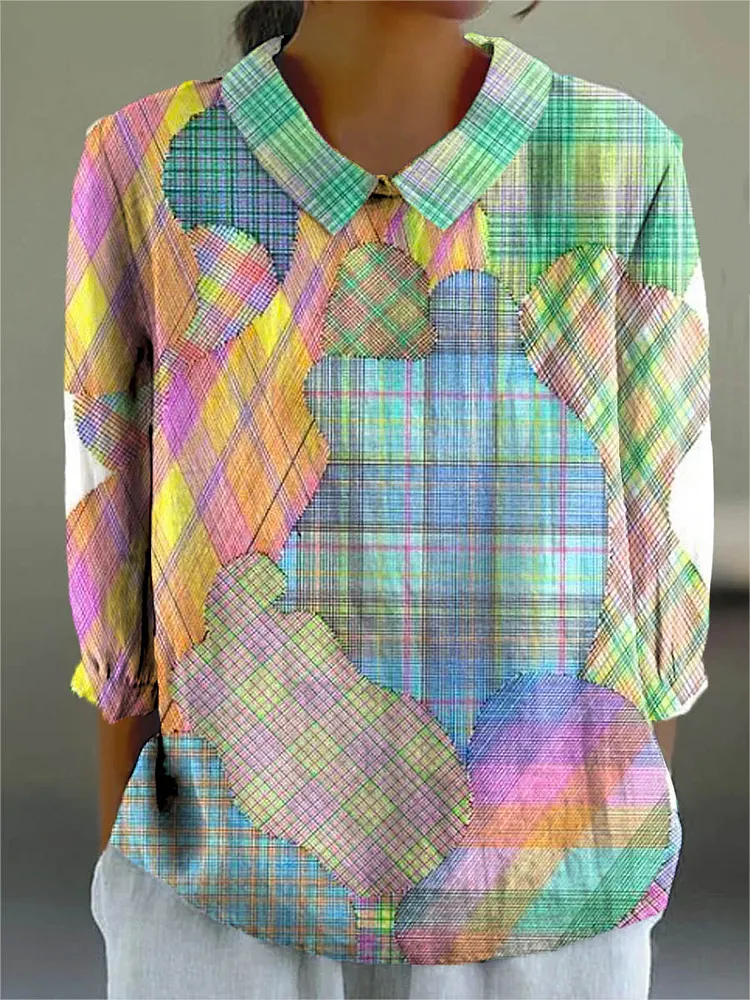 Women's Abstract Geometric Patchwork Pattern Art Print Casual Cotton And Linen 3/4 Sleeve Shirt
