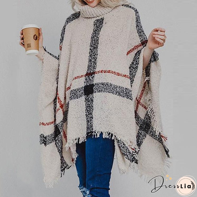 Sweater women's mid-length high collar fringe cape loose large size knit