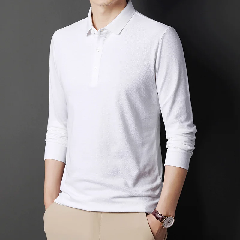 Men's Casual Thin Lapel Solid Color Polo Shirt Long Sleeve T-Shirt