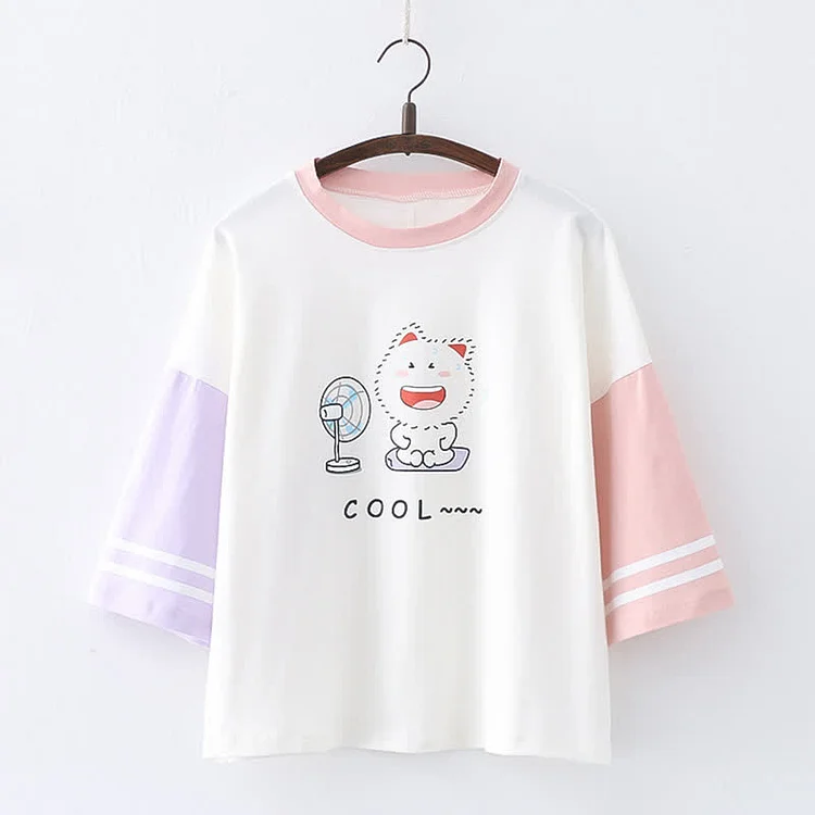 Cartoon Kitty Print Colorblock Short Sleeve T-Shirt - Modakawa modakawa