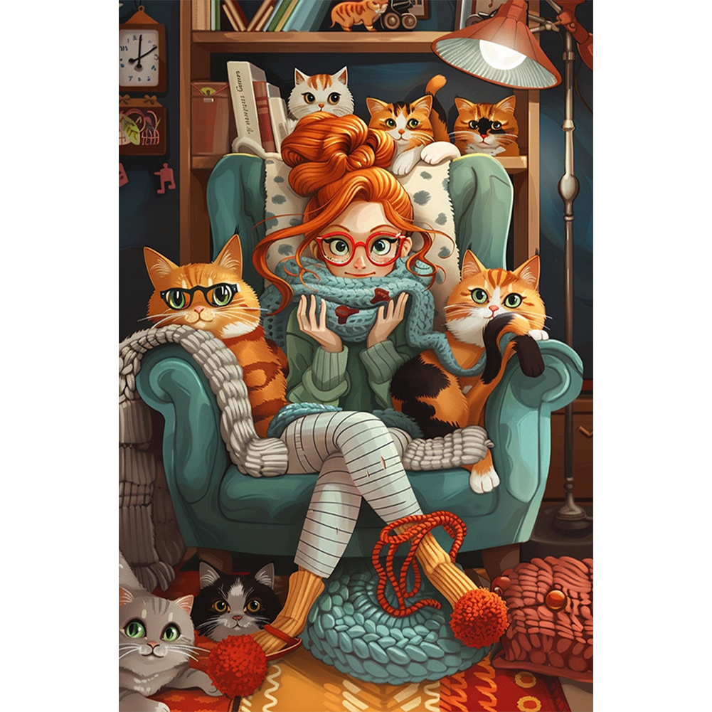 Cat And Girl 40*60cm(canvas) full round drill diamond painting