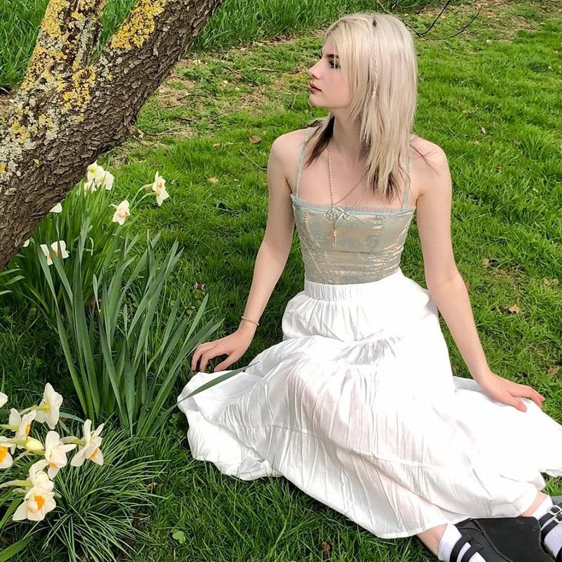 Rapcopter y2k Chiffon Pleated Skirts White Patched Sweet Kawaii Mid-Claf Skirts Grunge Fairycore Party Holiday Skirts Women Chic