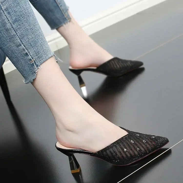 Blankf Mesh Slippers Women New Summer Shoes Women Fashion Pointed Slides Spike Heels Beige Mules Shoes High Heels 42