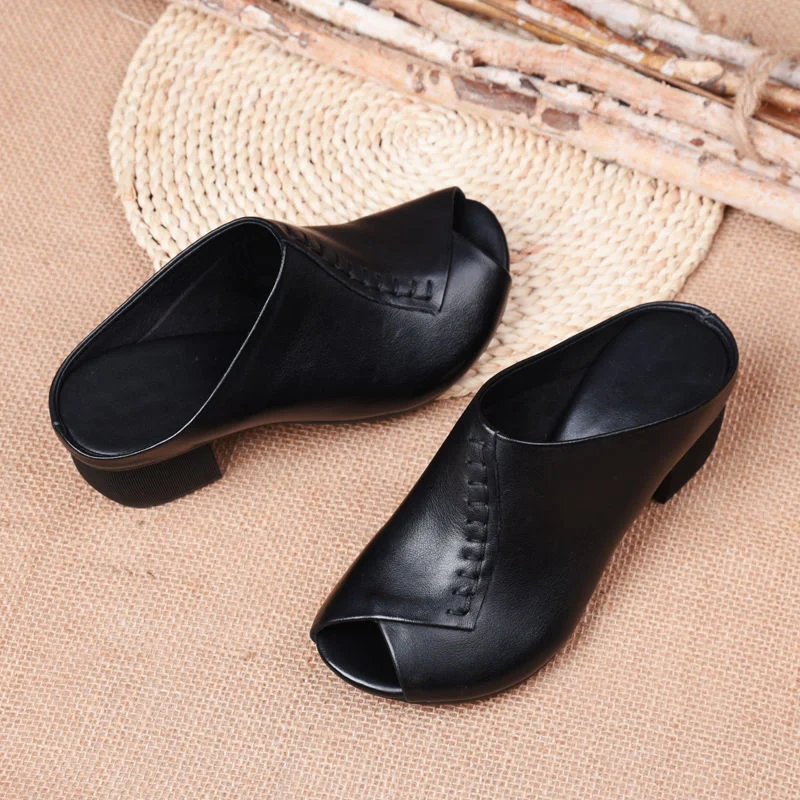 Thick-heeled Soft Leather Outer Slippers Fish Mouth Comfortable Versatile Mid-heeled Women Sandals Women's Mother's Shoes Women