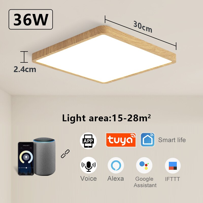Tuya Smart Ceiling Lamp 36W Wood Grain Square Design LED Ceiling Light With Alexa Google Voice Control For Home