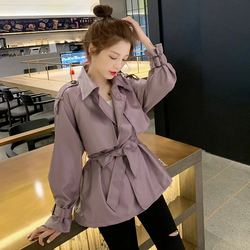 FTLZZ Autumn Women Loose Pu Faux Soft Leather Jacket Turndown Collar Motorcycle Black Coat Female Streetwear Outerwear With Belt