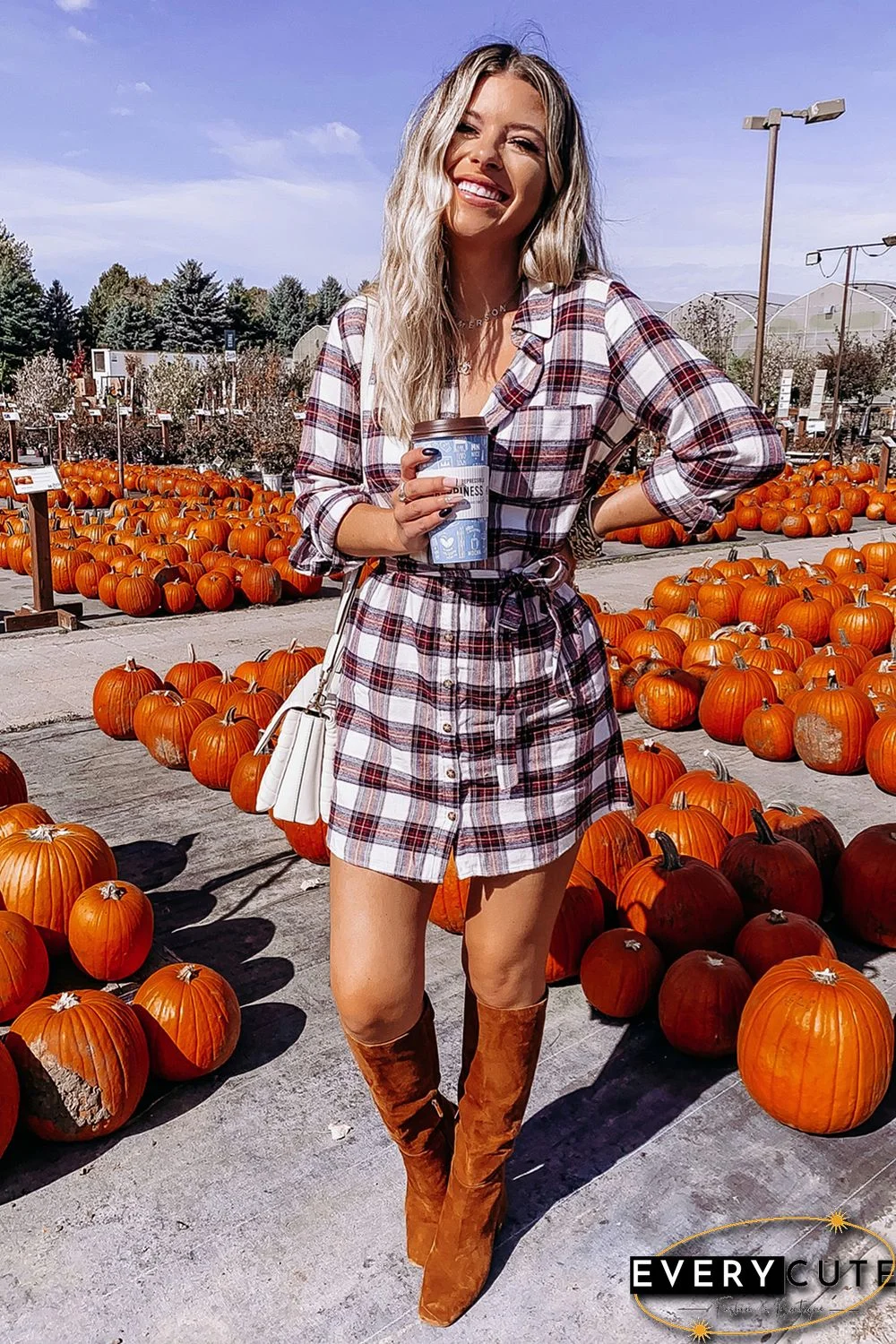 Red Plaid Buttoned Shirt Mini Dress with Waist Tie