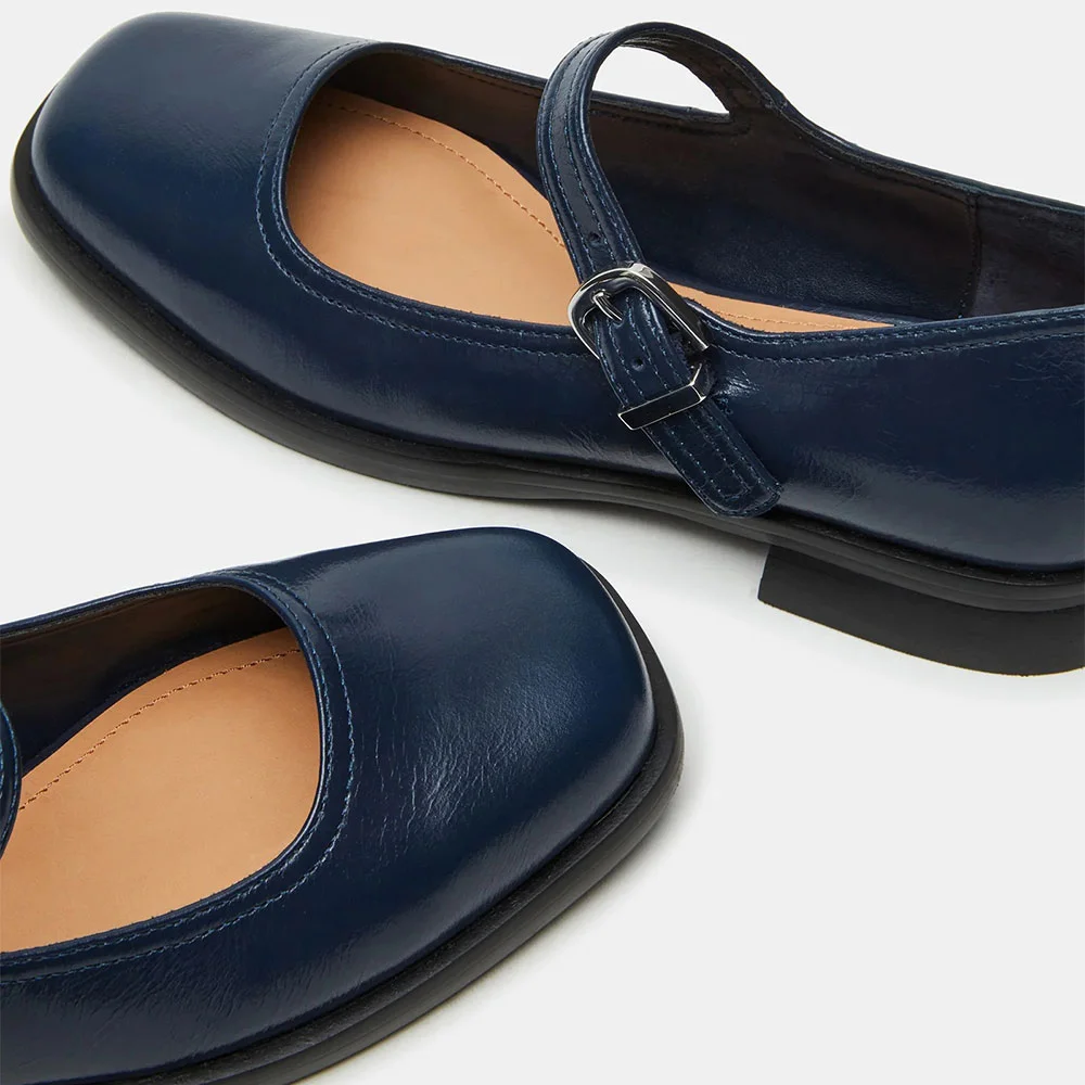 Square Toe Buckle Strap Flats Mary Jane Shoes for Women in Navy