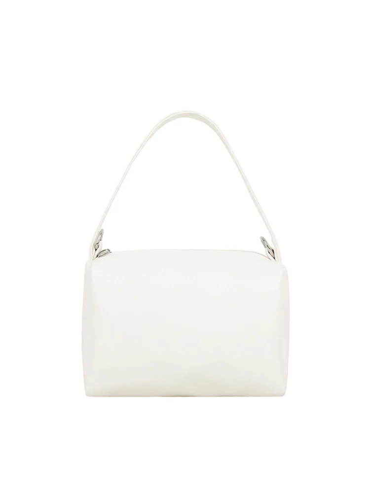 Women PU Leather Solid Color Top-handle Handbag Chain Shoulder Bag (White)