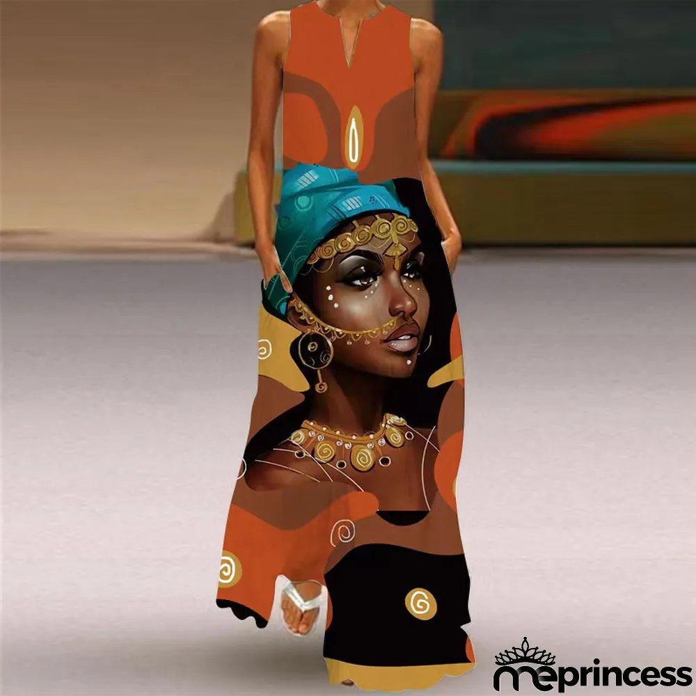 Summer women's sleeveless dress v-neck printed face dress