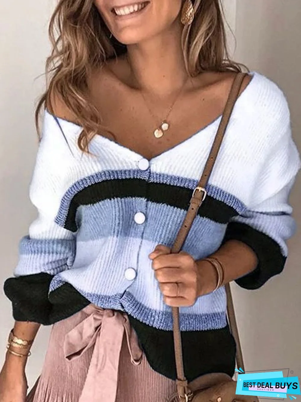 V Neck Long Sleeve Striped Sweater