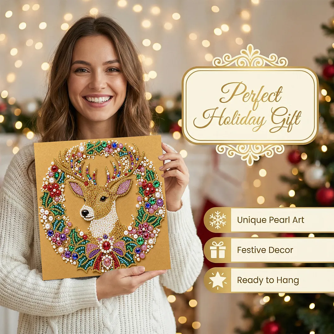 Christmas Reindeer Wreath Framed Pearl Painting Kit 25x25cm for Adults
