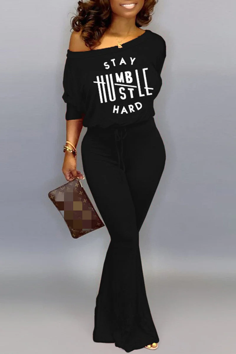 Fashion Casual Letter Print Basic Oblique Collar Regular Jumpsuits