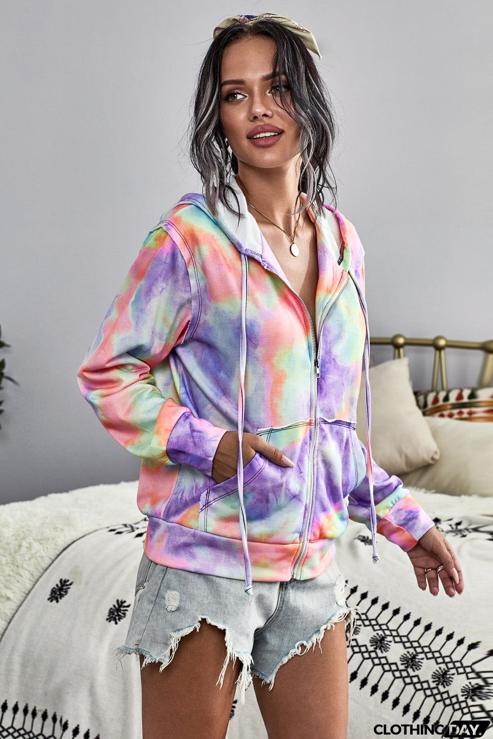 Women Multicolor Tie-dye Pocket Zip Up Hoodie