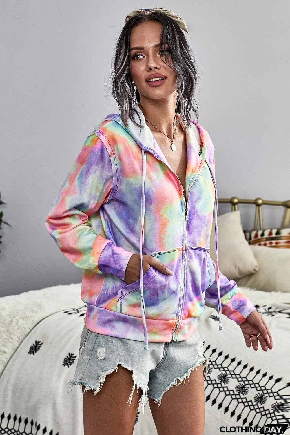 Women Multicolor Tie-dye Pocket Zip Up Hoodie
