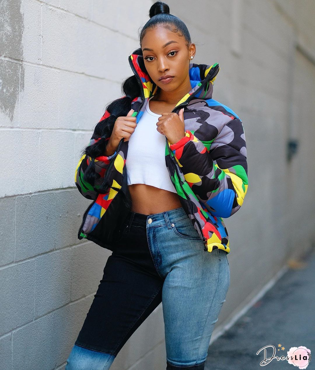 Stand Collar Zipper Orange Camo Cotton Padded Coat