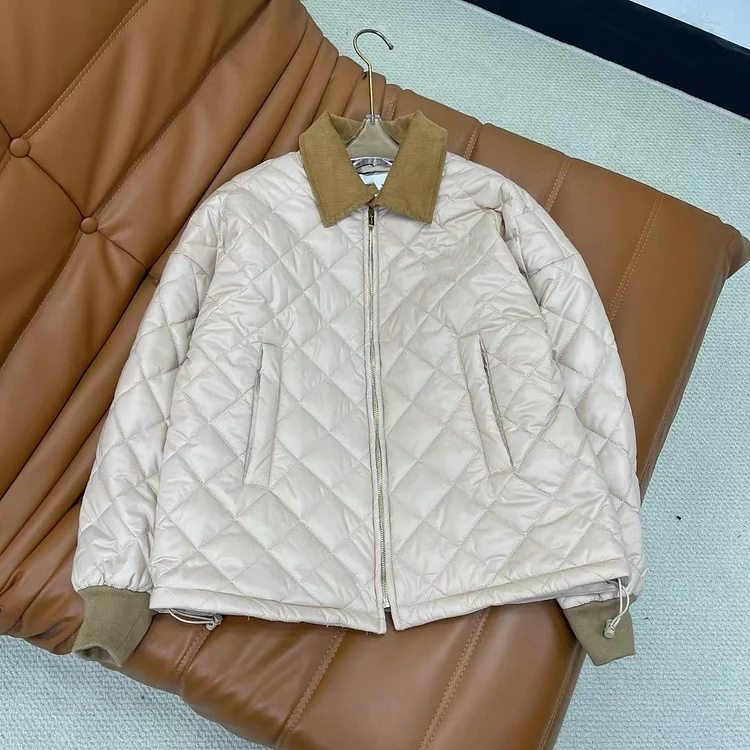 Turn-down Collar Patchwork Contrast Color Rhombus Cotton Padded Coat Long Sleeve Zipper Lady Retro Jacket