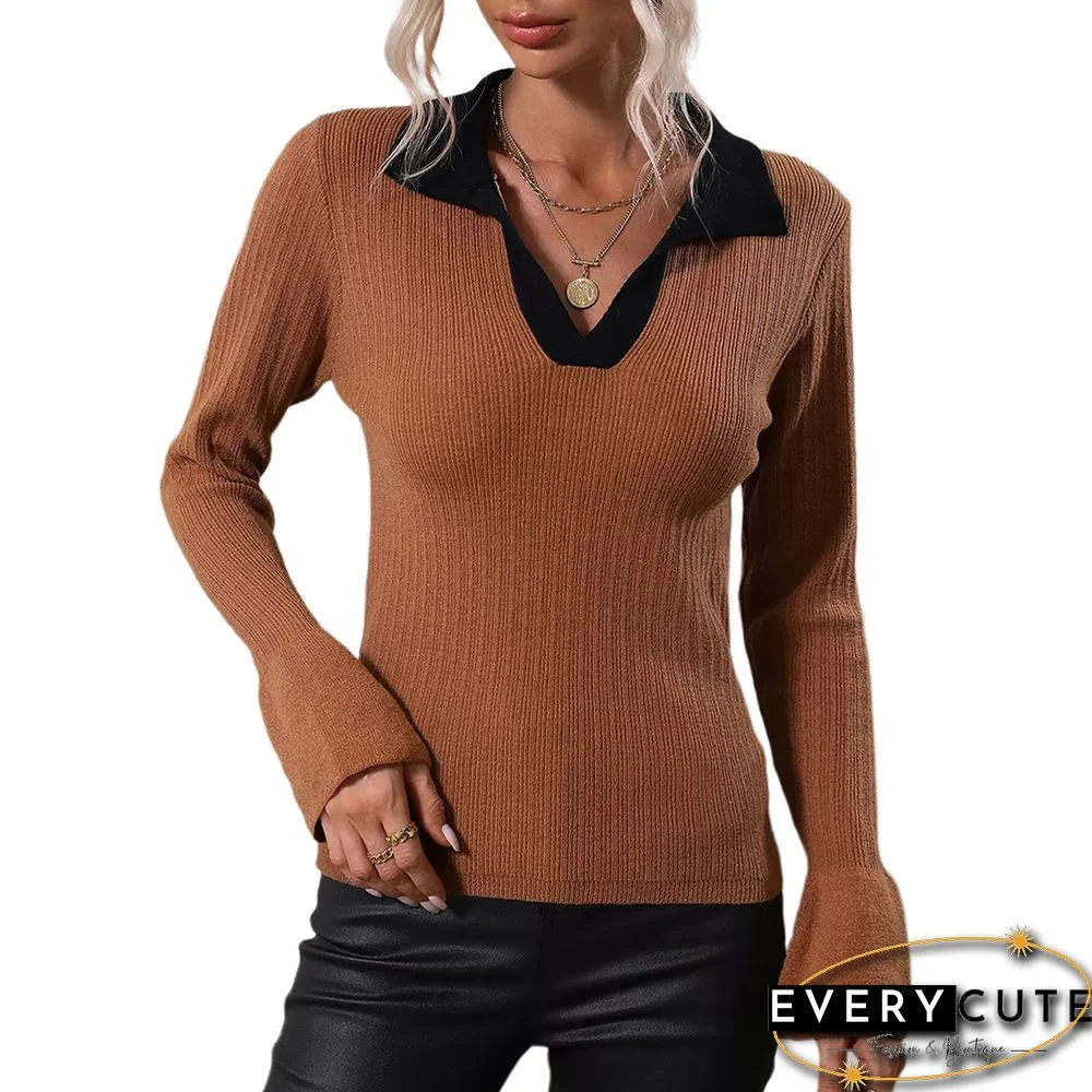 Brown Contrast Lapel Collar V Neck Flare Sleeve Tops