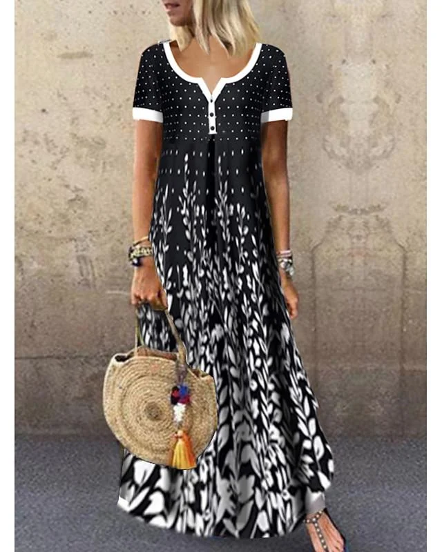 Women's Maxi Long Dress - Short Sleeve Black & White Leaf Print Summer Hot Casual Holiday High Waist Black Dresses